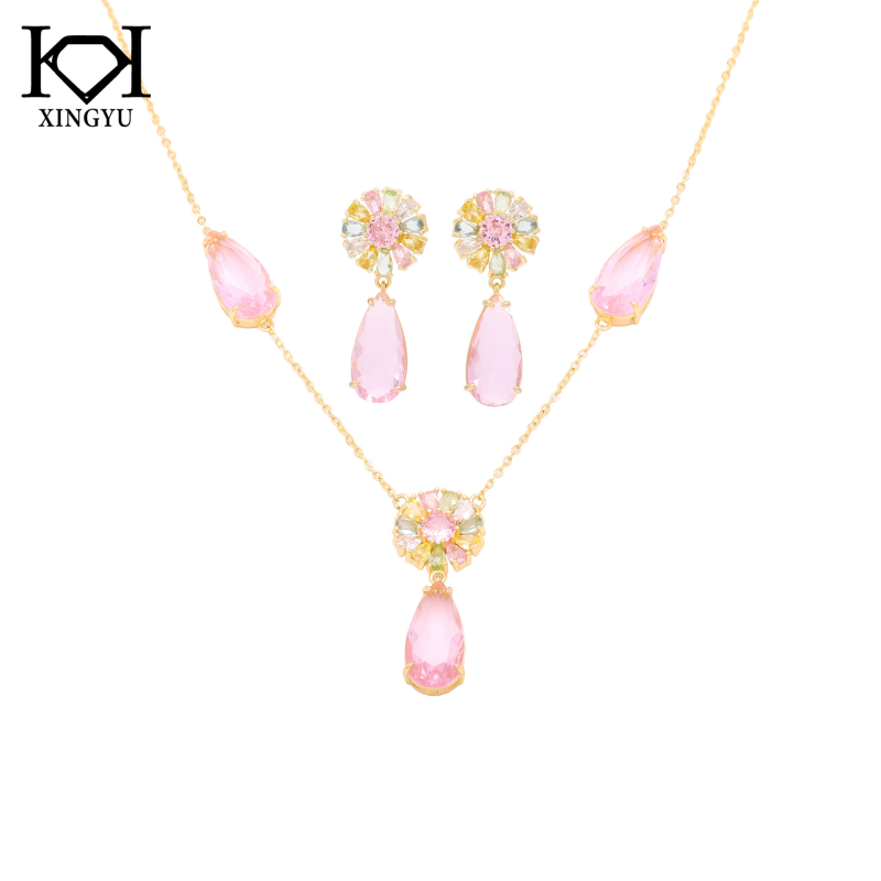 Set de bijuterii pentru femei: cercei și colier, cupru placat 18K aur, petale de zircon în formă de picătură de apă