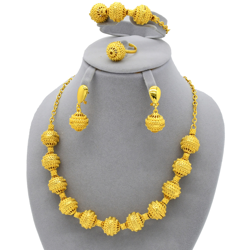 Ötvözetből készült ékszerszett kör alakú gyöngy medállal, fülbevalók és kéz- lánccal – elektroplattált, női, könnyű luxus stílus