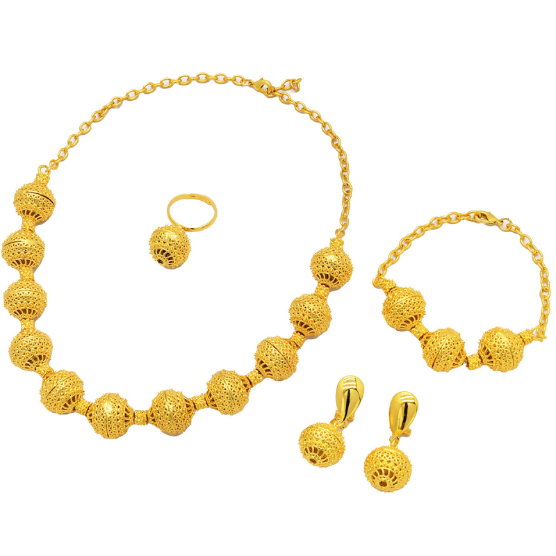 Ötvözetből készült ékszerszett kör alakú gyöngy medállal, fülbevalók és kéz- lánccal – elektroplattált, női, könnyű luxus stílus