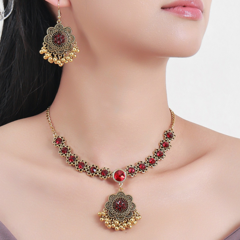 Set ogrlice s geometrijskim cvjetnim dizajnom, metal, privjesak s rhinestones, normalan lanac, 49,5 g, proljeće 2024
