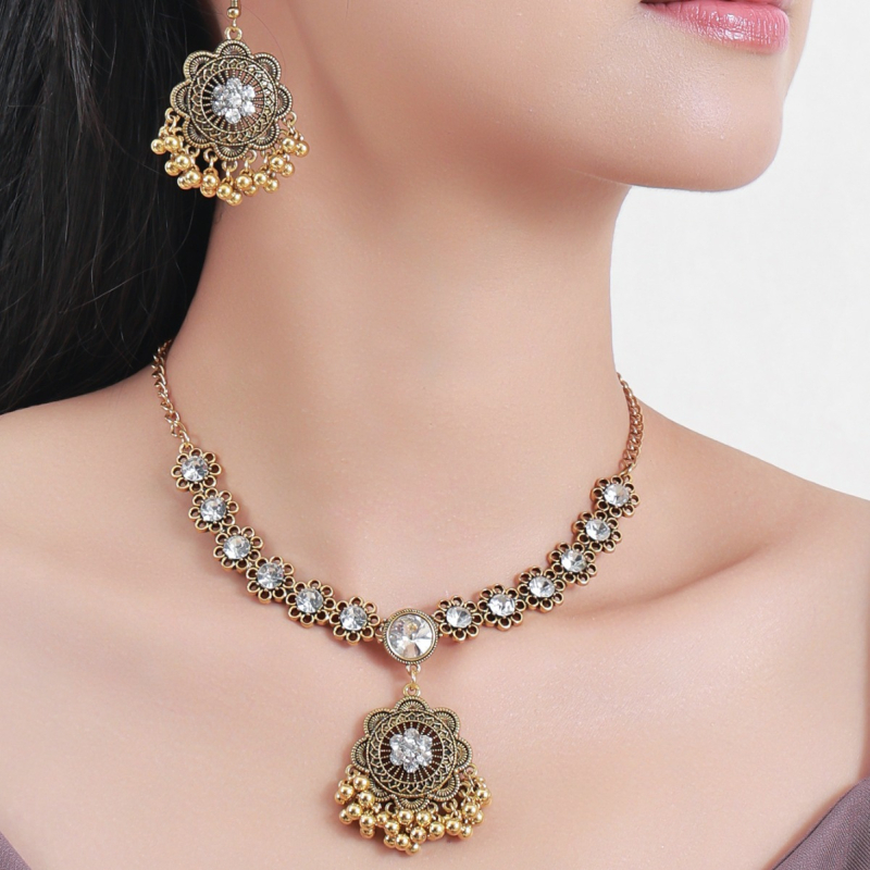 Set ogrlice s geometrijskim cvjetnim dizajnom, metal, privjesak s rhinestones, normalan lanac, 49,5 g, proljeće 2024