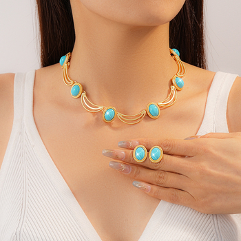 Középkori vintage nyaklánc és fülbevaló készlet kulcscsonti lánccal, ötvözet, elektropácolás, minta: szív / vízcsepp / harang