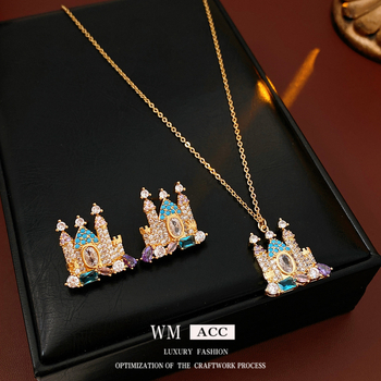 Valódi aranyozott cirkón kastély fülbevaló és nyaklánc készlet, réz alapú, kulcscsont típusú lánccal, nőknek, magas minőségű divat