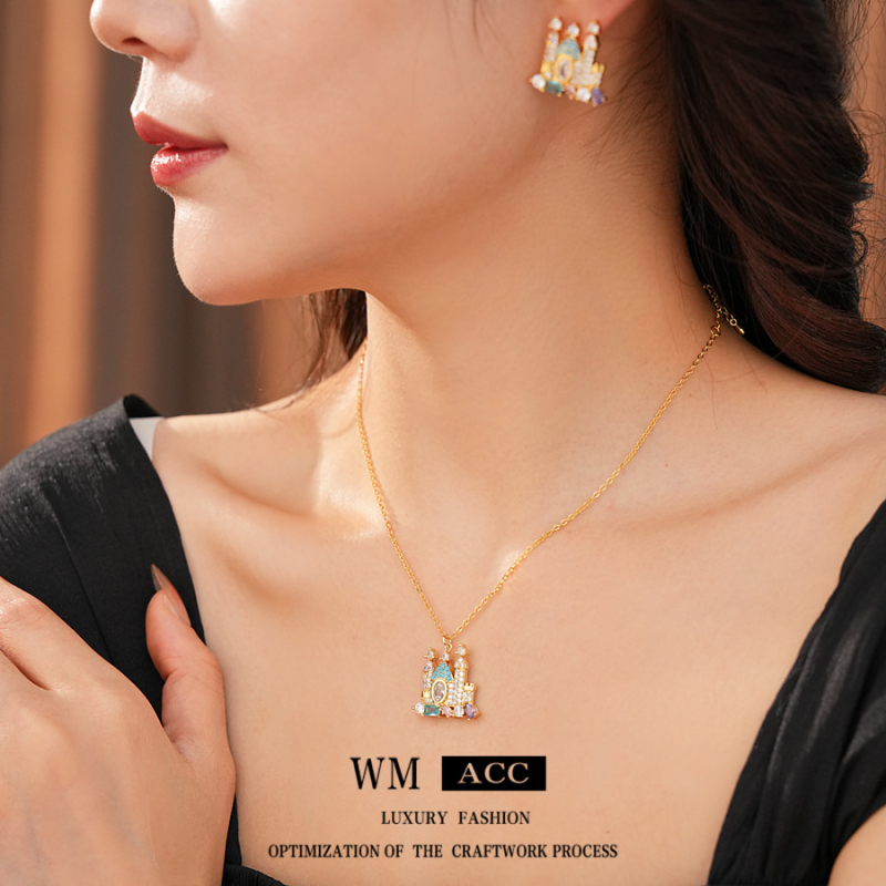 Valódi aranyozott cirkón kastély fülbevaló és nyaklánc készlet, réz alapú, kulcscsont típusú lánccal, nőknek, magas minőségű divat