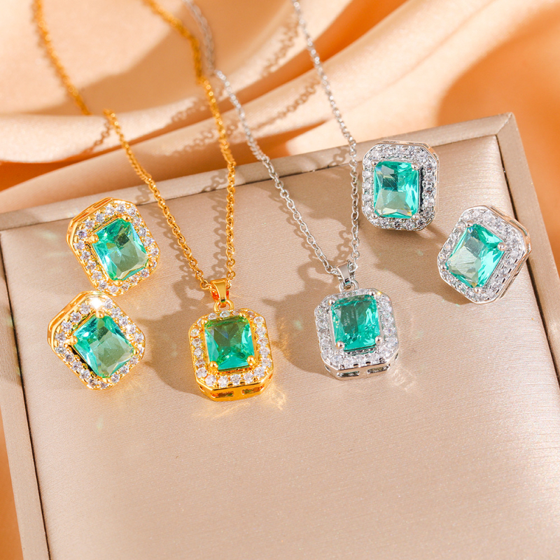 Titánium acélból készített ékszerszett, cirkóni, fülbevaló és nyaklánc, négyszögletes mintázat, O-alakú lánc, gyémántcsiszolás