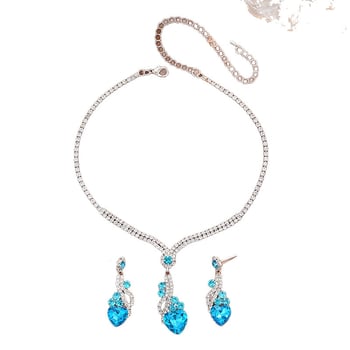 Ékszerszett: fülbevaló és nyaklánc rhinestone-okkal, elektroplatinált felület, minta szív/könnycsepp/harang