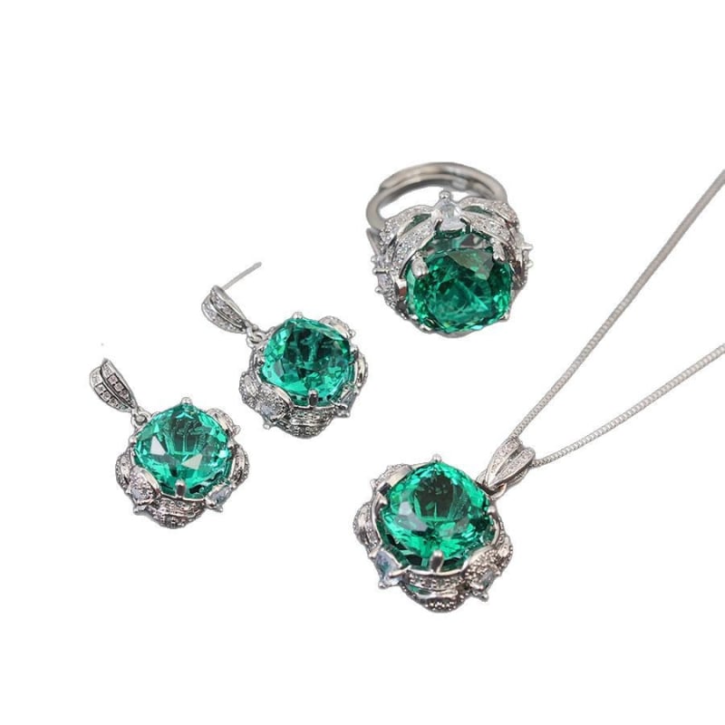 Négyszögletű gyémánt betétes ékszerszett: fülbevalók, nyaklánc és gyűrű, réz alapú, ötvözet medál