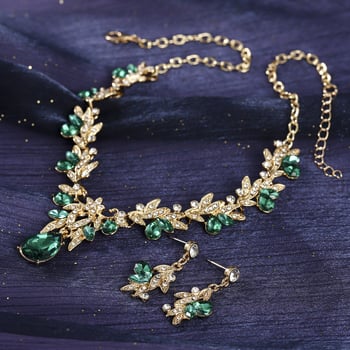 Ékszerszett: fülbevalók és nyaklánc cinkötvözetből, rhinestone medálokkal, virág-levél motívumok, egyszerű lánc