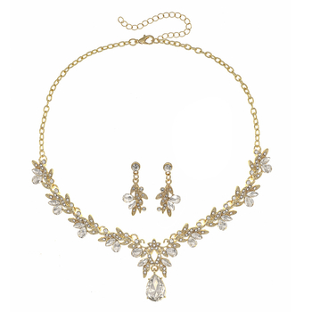 Ékszerszett: fülbevalók és nyaklánc cinkötvözetből, rhinestone medálokkal, virág-levél motívumok, egyszerű lánc