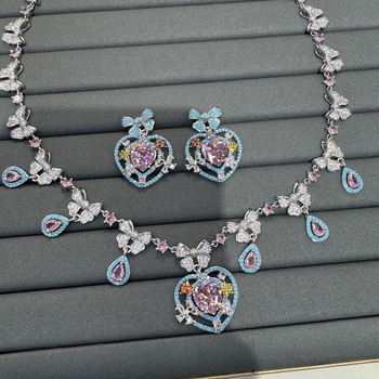 Zirconia Hercegnő Szív Nyaklánc és Fülbevaló Készlet – Réz, elektroplatt bevonat, bővíthető lánc, 2025 nyár