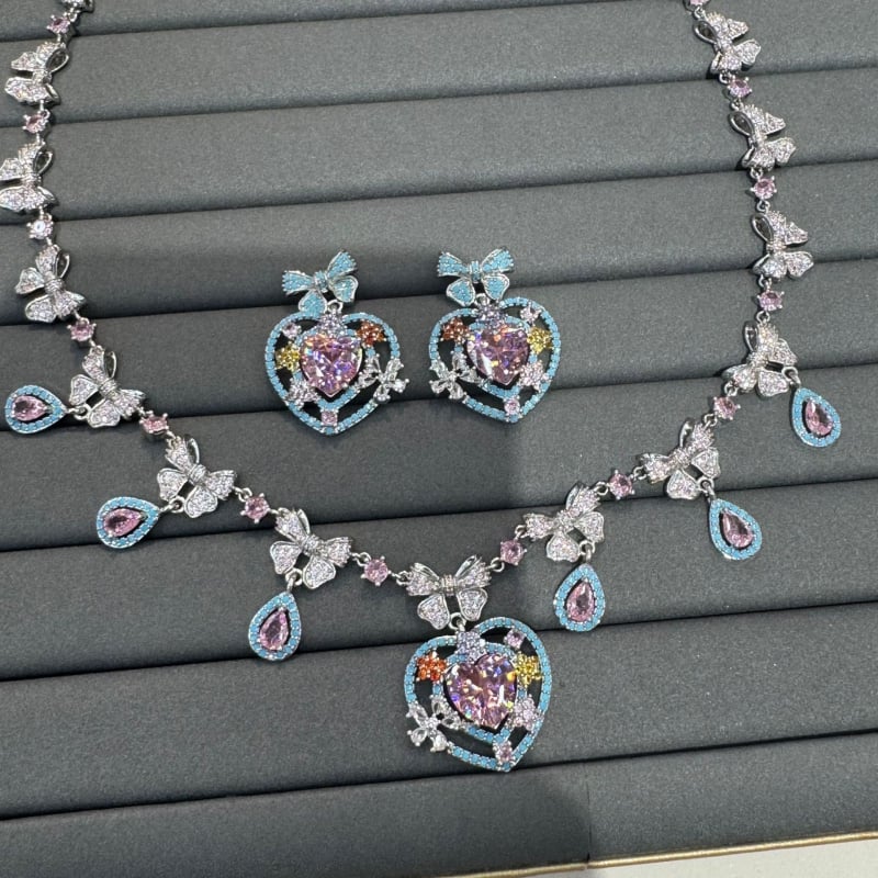 Zirconia Hercegnő Szív Nyaklánc és Fülbevaló Készlet – Réz, elektroplatt bevonat, bővíthető lánc, 2025 nyár