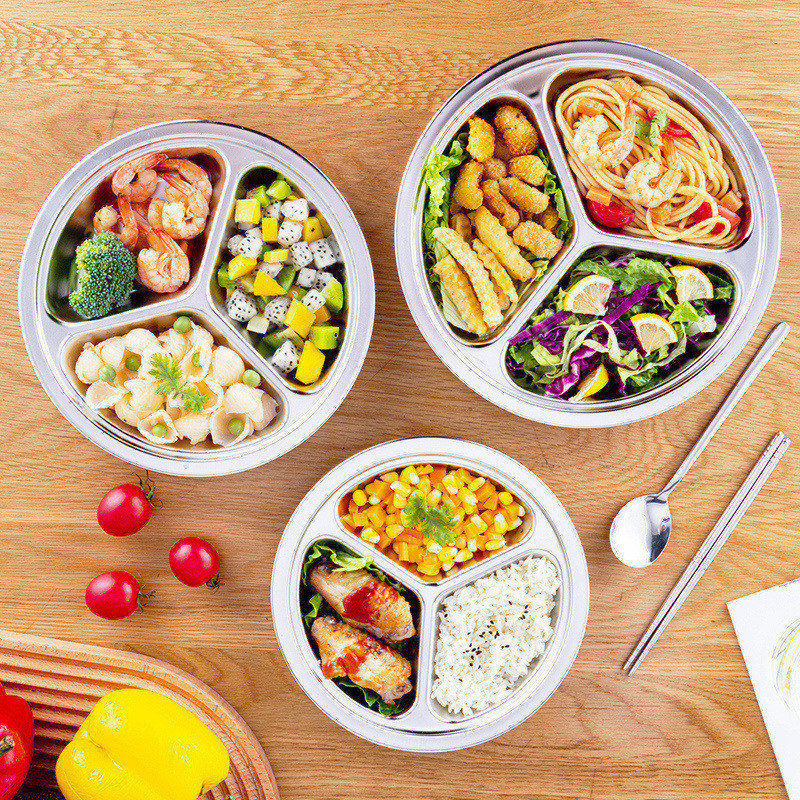 Farfurie circulară din oțel inoxidabil, cu trei compartimente, design integrat, pentru copii și elevi, compatibilă cu microunde