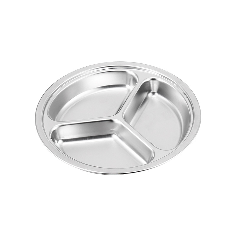 Farfurie circulară din oțel inoxidabil, cu trei compartimente, design integrat, pentru copii și elevi, compatibilă cu microunde
