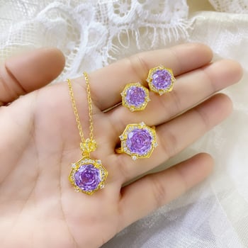 Ólomból készült ékszerkészlet cirkónium kövekkel: nyolcszögletű Millennium rózsa formájú virág medálos nyaklánc, fülbevalók és karkötő