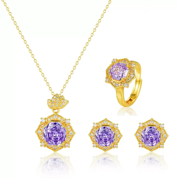 Ólomból készült ékszerkészlet cirkónium kövekkel: nyolcszögletű Millennium rózsa formájú virág medálos nyaklánc, fülbevalók és karkötő