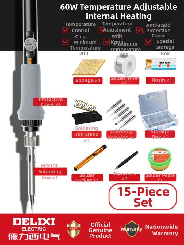 Delixi elektriskais lodētājs ar keramisku apkuri – regulējama temperatura, mājsaimniecības komplekts, lodēšanai, atlodēšanai un pirogrāfijai