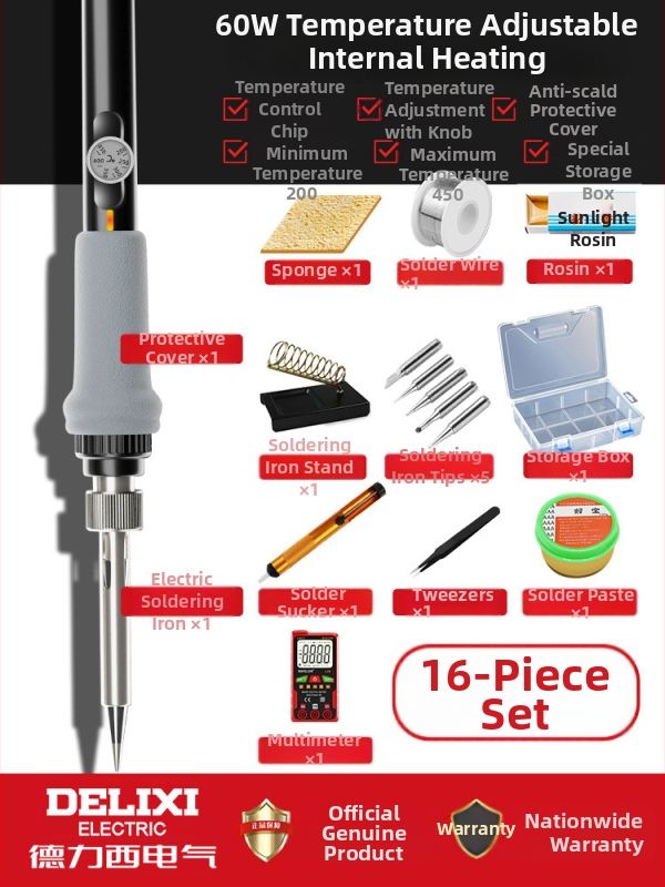 Delixi elektriskais lodētājs ar keramisku apkuri – regulējama temperatura, mājsaimniecības komplekts, lodēšanai, atlodēšanai un pirogrāfijai