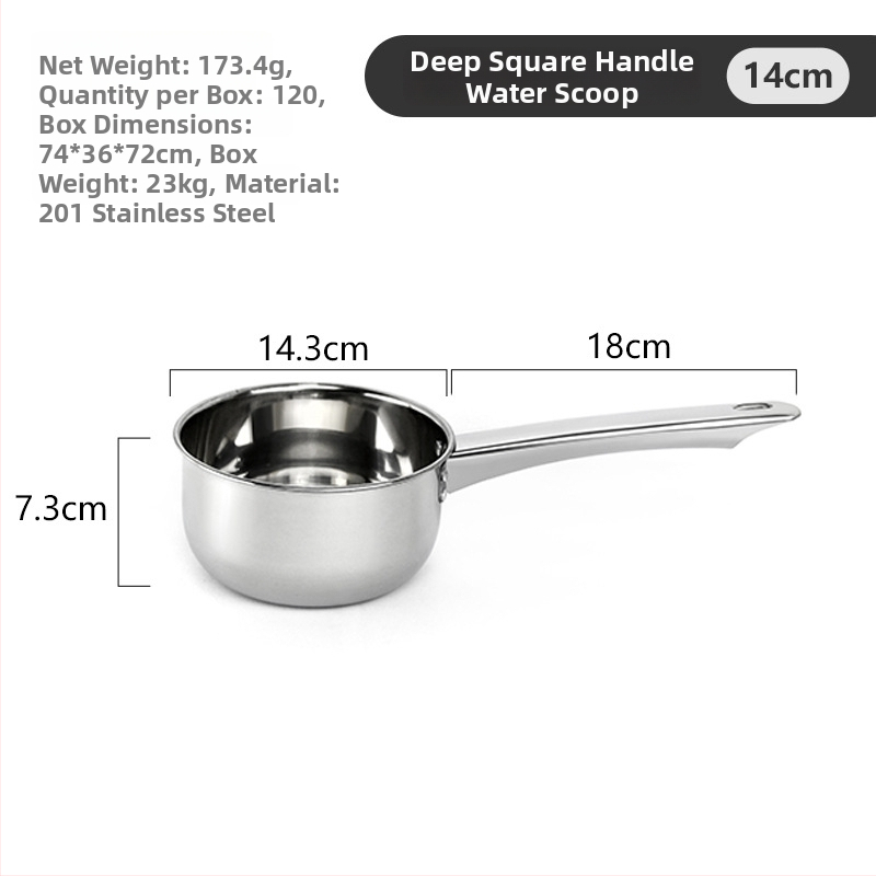 Nerūdijančio plieno vandens šaukštas su ilgu rankena ir gilia indeliu — viengubos konstrukcijos