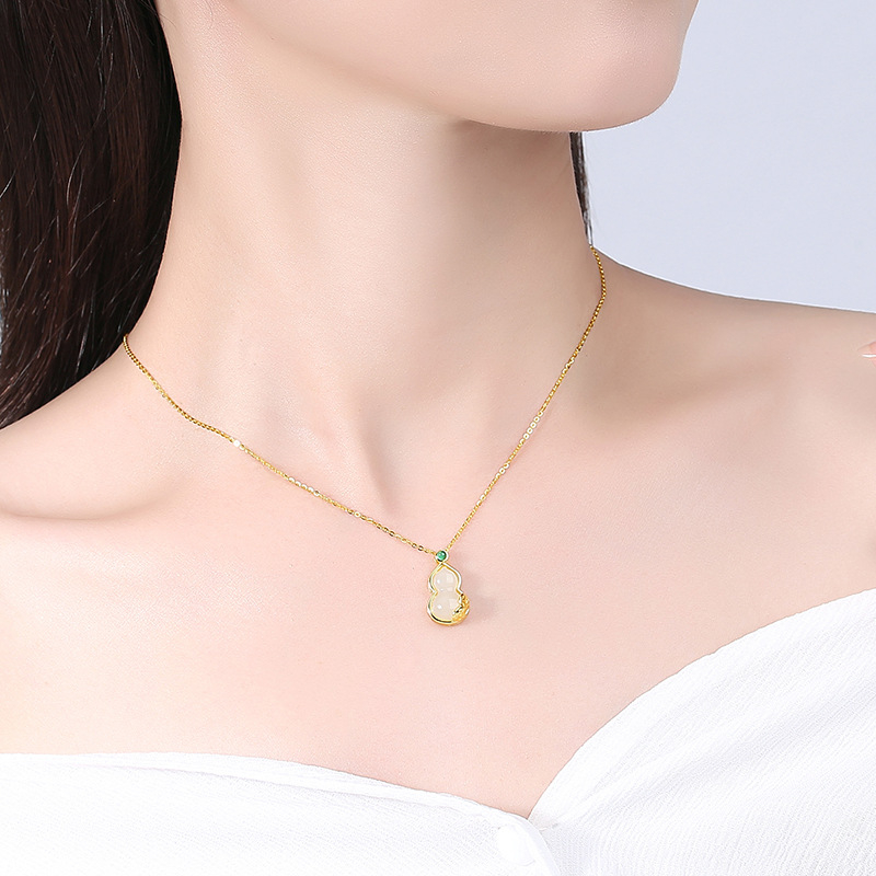 Nakit od srebra 925, privjesak Hetian Jade u obliku cvijeta tikve, kineskog stila, lanac s križem, duljina 41–50 cm