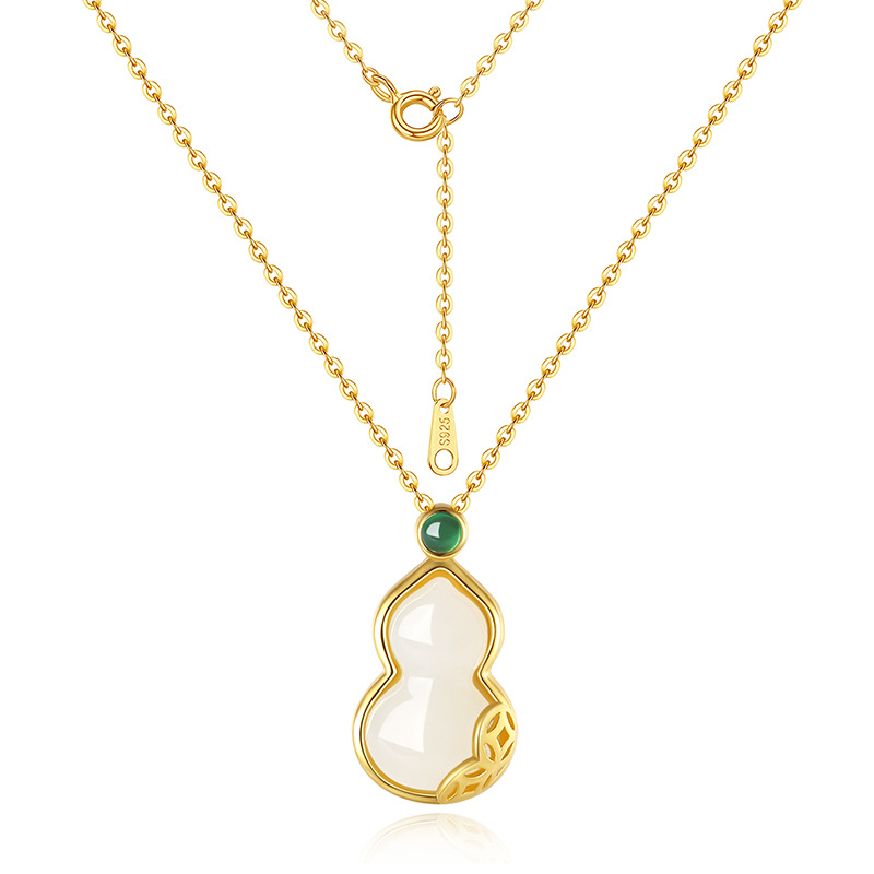 Nakit od srebra 925, privjesak Hetian Jade u obliku cvijeta tikve, kineskog stila, lanac s križem, duljina 41–50 cm