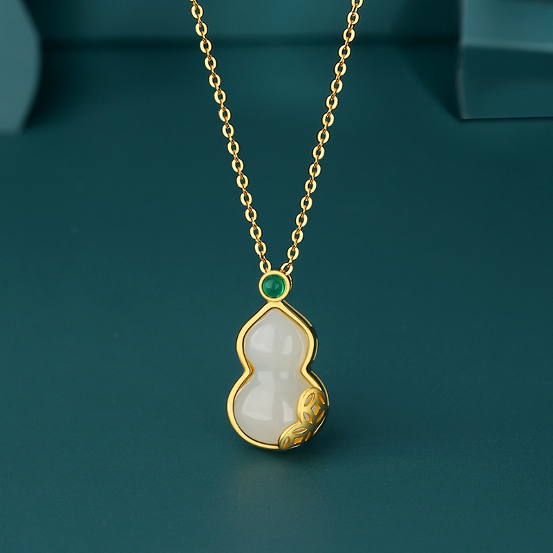 Nakit od srebra 925, privjesak Hetian Jade u obliku cvijeta tikve, kineskog stila, lanac s križem, duljina 41–50 cm