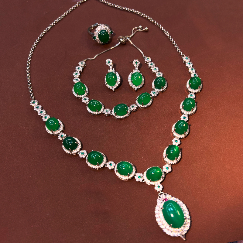 Nova kinesko-stil luksuzna četverodijelna kolekcija nakita sa safiro-chalcedonom, vintage dvorac stil, mesing-srebrena završnica