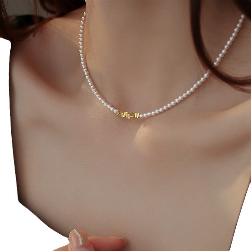 Colier geometric cu lanț perlat, din argint 925, Kun Ling, bijuterie feminină cu mai multe straturi