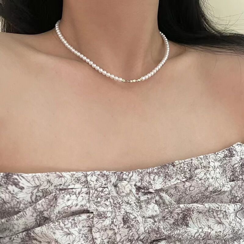 Colier geometric cu lanț perlat, din argint 925, Kun Ling, bijuterie feminină cu mai multe straturi