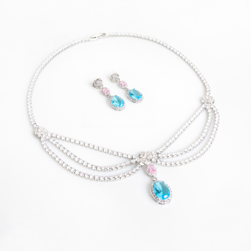 Set de bijuterii din cupru cu pandantiv floare din zircon, cercei și colier, inlay, lanț cu zale sferice, bijuterii feminine de lux