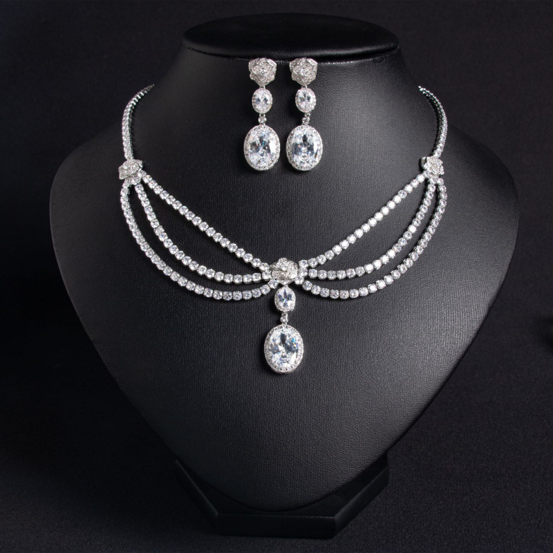 Set de bijuterii din cupru cu pandantiv floare din zircon, cercei și colier, inlay, lanț cu zale sferice, bijuterii feminine de lux