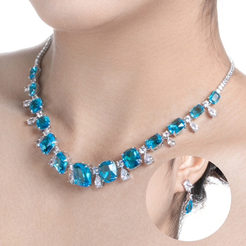 Set de bijuterii din cupru cu zirconiu: cercei și colier cu lanț clavicular; stil cub-drop, design nou chinezesc; motive: iubire, picătură de apă, clopot