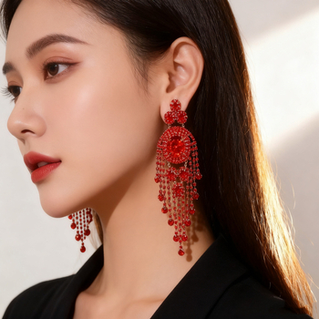 Naušnice s kristalima, u obliku cvijeta, s resicama, bakreni čep za uho, elektroplatirane, ekstravagantnog stila