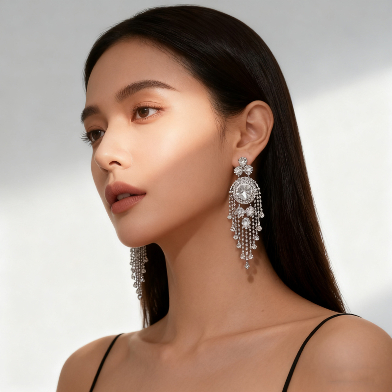 Naušnice s kristalima, u obliku cvijeta, s resicama, bakreni čep za uho, elektroplatirane, ekstravagantnog stila