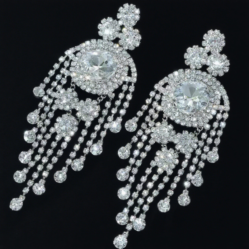 Naušnice s kristalima, u obliku cvijeta, s resicama, bakreni čep za uho, elektroplatirane, ekstravagantnog stila