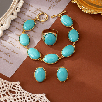 Set de bijuterii vintage din cupru placat cu aur, piatră naturală ovală, cercei, brățară și inel