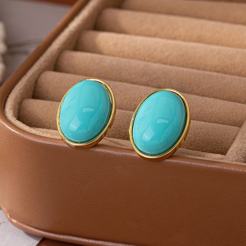 Set de bijuterii vintage din cupru placat cu aur, piatră naturală ovală, cercei, brățară și inel