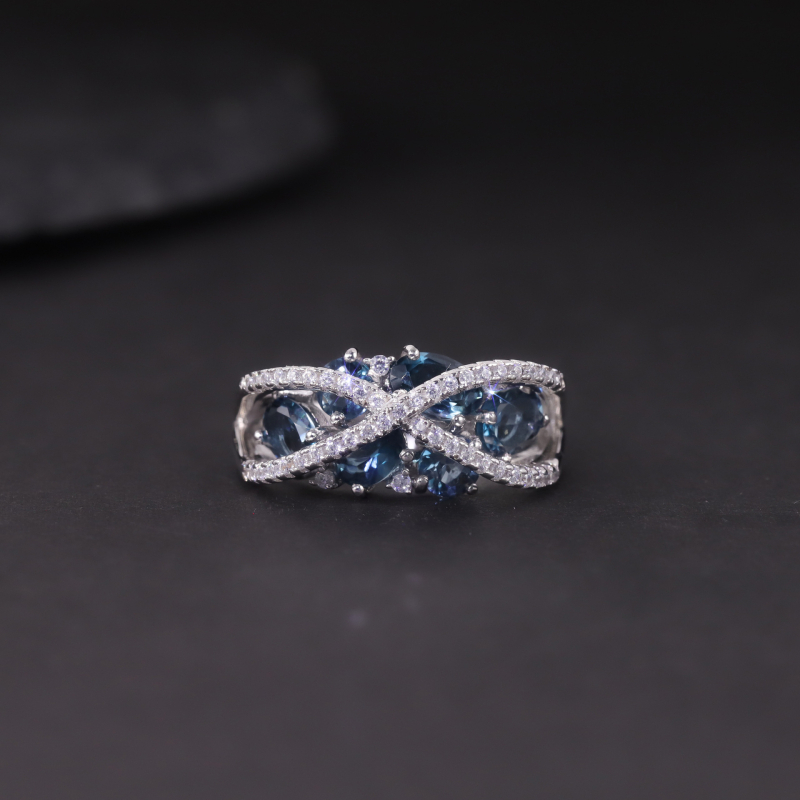 Topāzs gredzens no sudraba 925, ar akmeņu inleju, ģeometrisks dizains, sievietēm — W0336R