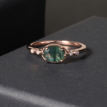 Inel – Simplu și elegant, Argint 925, placare cu aur roz 18K, Stil european și american, Agat natural cu iarbă acvatică, Pentru femei