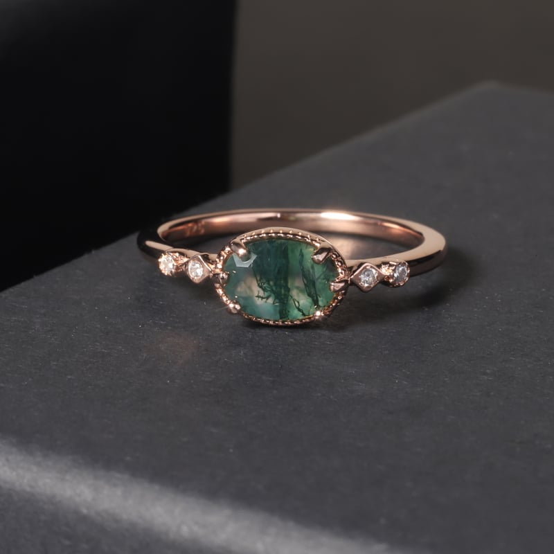 Inel – Simplu și elegant, Argint 925, placare cu aur roz 18K, Stil european și american, Agat natural cu iarbă acvatică, Pentru femei