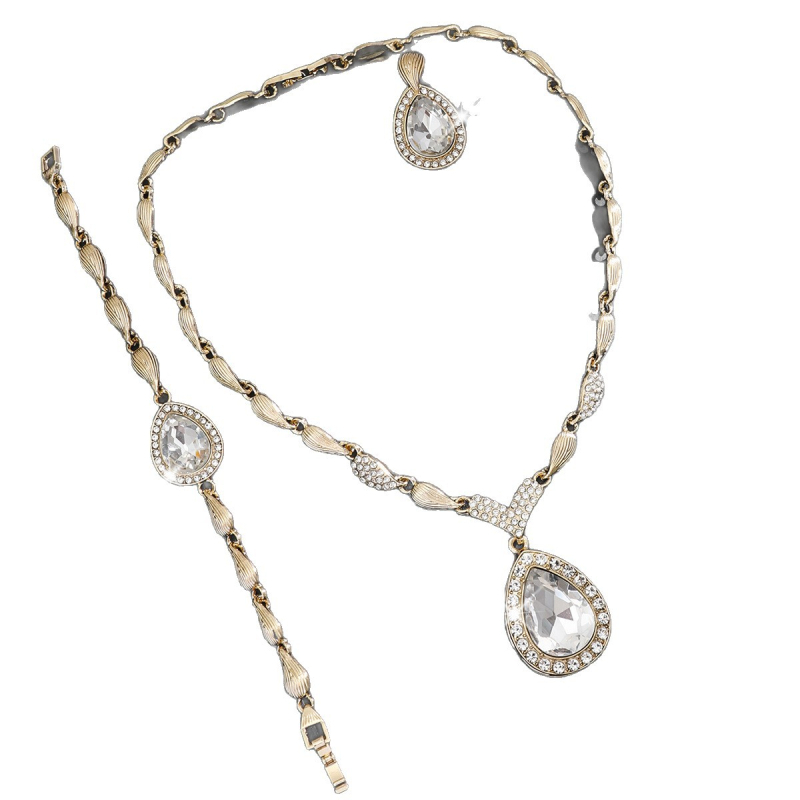 Set nakita od legure s Rhinestone: ogrlica s križnim lancem, naušnice, prsten i narukvica