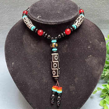 Dzi Achát geometriai formájú nyaklánc, természetes achát, VS tisztaság, polírozott kivitel