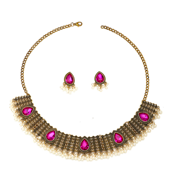 Vintage set ogrlice i naušnice u indijskom retro stilu s perlama i rhinestones, od legure, elektroplatina, Duo Han nakit, naušnice + ogrlica, običan lanac