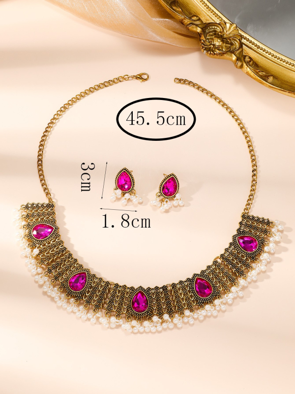 Vintage set ogrlice i naušnice u indijskom retro stilu s perlama i rhinestones, od legure, elektroplatina, Duo Han nakit, naušnice + ogrlica, običan lanac