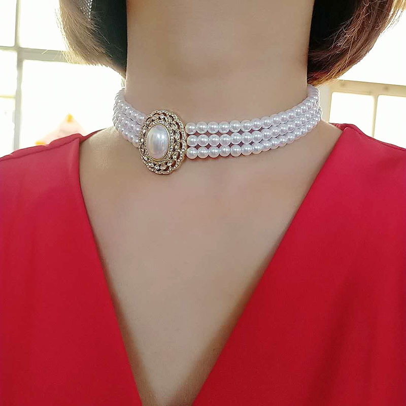 Ogrlica s više slojeva od perli i kristala, kuglasta lančić, legura, retro teksturirani stil, vjenčani dodatak