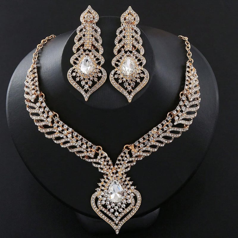 Dva dijela nakita: ogrlica i naušnice od legure sa kristalima, retro stil, elektroplatiranje