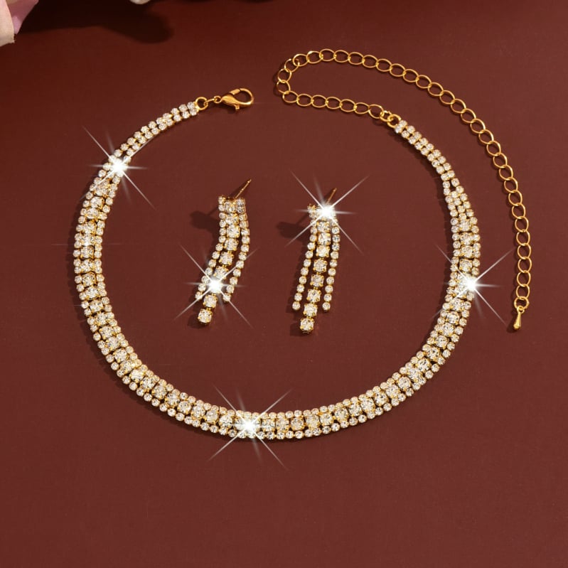 Set nakita: ogrlica i naušnice s kandžastom lancem i kristalima (Materijal: ekološki čista bakar; Obrada: ekološko elektroplatiranje; Pattern: Cross/Crown/Roman numerals)