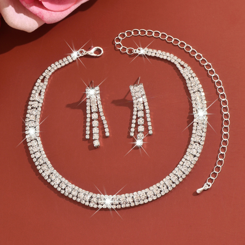 Set nakita: ogrlica i naušnice s kandžastom lancem i kristalima (Materijal: ekološki čista bakar; Obrada: ekološko elektroplatiranje; Pattern: Cross/Crown/Roman numerals)