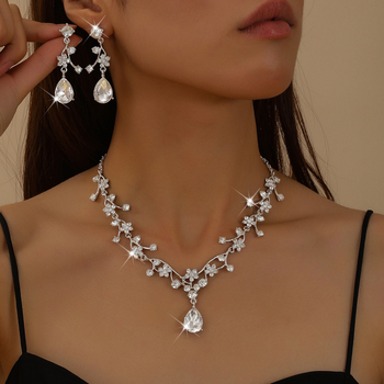 Σετ γυναικείων κοσμημάτων – ψευδάργυρος κράμα, διαμαντοκοπή, μοτίβο φυτών, κανονική αλυσίδα, σκουλαρίκια και κολιέ