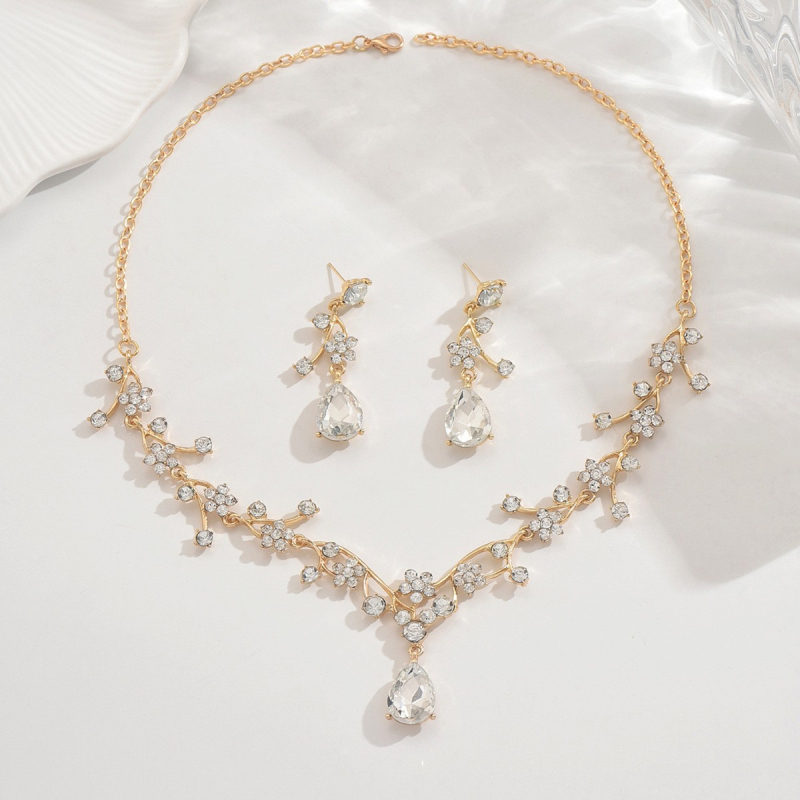 Σετ γυναικείων κοσμημάτων – ψευδάργυρος κράμα, διαμαντοκοπή, μοτίβο φυτών, κανονική αλυσίδα, σκουλαρίκια και κολιέ