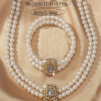 Višeslojna ogrlica s perlama i rhinestones, ogrlica od perli, kvadratni privjesak, cinkova legura, retro književni stil